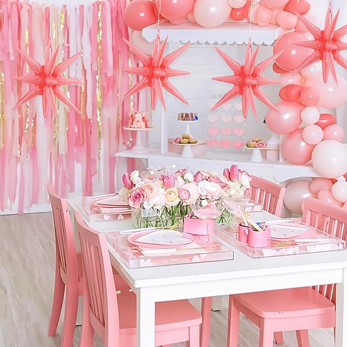 TONIFUL 4 Pcs 22inch 4D Light Pink Explosion Star Mylar Balloons for Party Backdrop Christmas,New Year Birthday, Wedding Baby Shower Anniversary Photo Booth Supplies