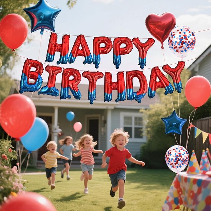 CANREVEL Happy Birthday Banner 13pcs 16 Inch Mylar Foil Letters Sign Balloons Spider Theme Birthday Party Decorations for Kids and Adults
