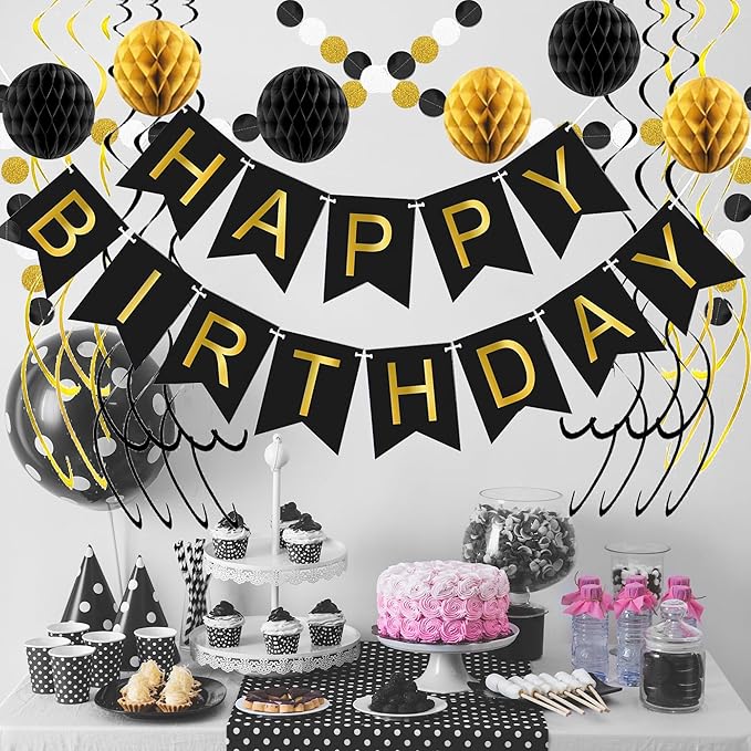 Black Birthday Decorations, Happy Birthday Banner Black Gold Birthday, Black Birthday Supplies Birthday for Men Boys