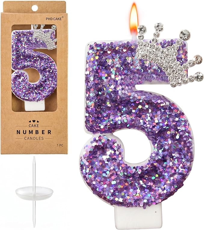 Birthday Number Candles,Purple Crown Birthday Candles for Cake,Glitter Number 5 Candle Cake Topper with Sequins for Anniversary Celebrations Supplies