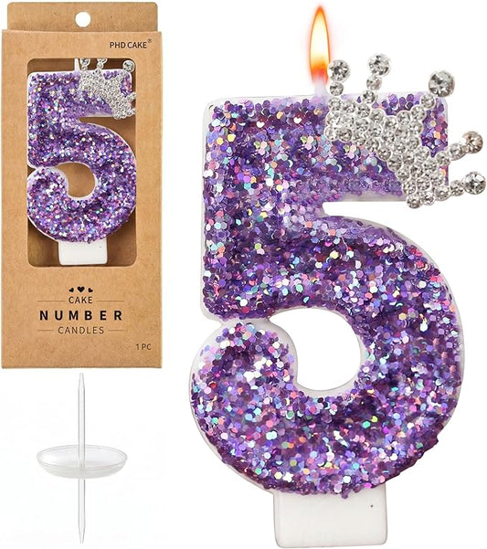Birthday Number Candles,Purple Crown Birthday Candles for Cake,Glitter Number 5 Candle Cake Topper with Sequins for Anniversary Celebrations Supplies
