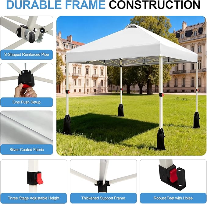 WEIZE 10x10 Pop Up Canopy Tent, 1-Button Push Setup Canopy Tent, Adjustable Height Instant Portable Shelter, Portable Roller Bag, Easy Outdoor Sun Shade for Events, 4 Weight Bags, White