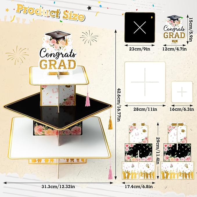 Haooryx Watercolor Flower Graduation Cupcake Stand - 3 Tier Pink Floral Graduation Hat Cupcake Tower Decor Candy Dount Dessert Holder for College High School Congrats Grad Party Table Decor Supplies