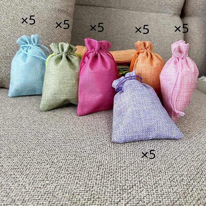 Autupy 30 Pack 5.5 x 3.9 Inch 6 Color Burlap Favor Bags Linen Drawstring Bags for Wedding Party Decorations