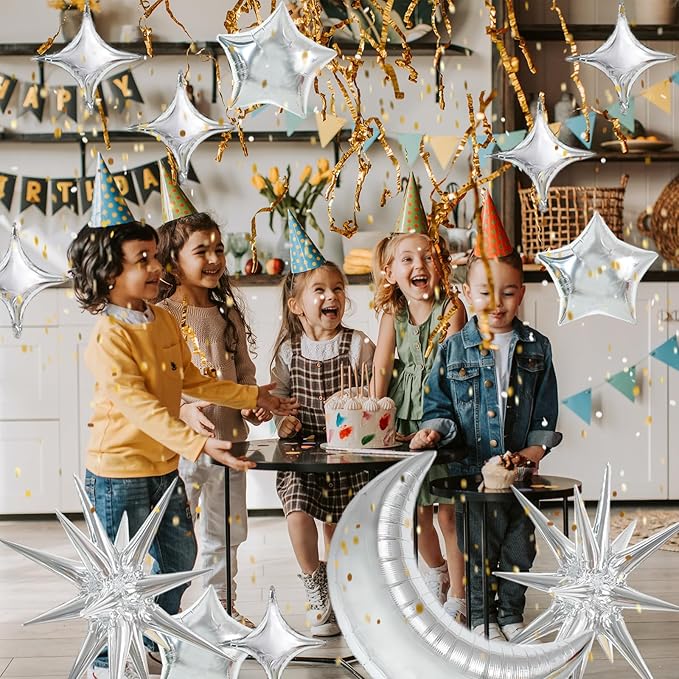 TONIFUL 44pcs Silver Moon Explosion Star Foil Balloons Kit - Large Moon Shape & Star Mylar Foil Balloons for Birthday, Wedding, Baby Shower, Anniversary & Engagement Parties