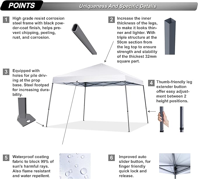 ABCCANOPY Stable Pop up Outdoor Canopy Tent 12 x 12 ft Base / 10 x 10 ft Top, White