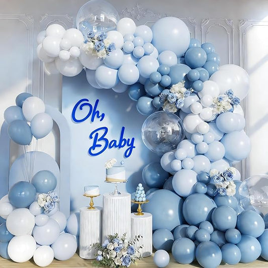 162pcs Dusty Blue Balloon Arch Kit Dusty Blue and White Balloon Garland Arch Kit with Baby blue Light Blue and Clear Balloon for Baby Shower Birthday Bridal Shower Wedding Gender Reveal Party Supplies