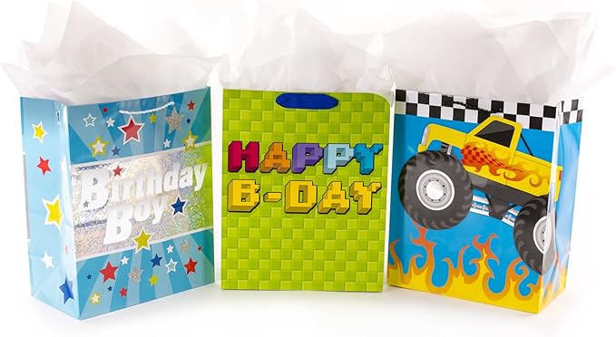 Hallmark 13" Large Birthday Gift Bag Bundle with Tissue Paper (Pack of 3: Monster Truck, Happy B-Day, Birthday Boy)