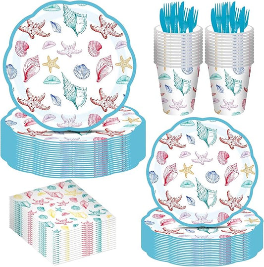 180PCS Summer Beach Party Paper Plate,Seashell and Starfish Paper Plates Supplies-Seashell and Starfish Plates, Cups, Napkins and Knife Fork For Birthday Baby Shower Bridal Wedding Party