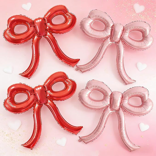 YTHETM 4 Pcs Red and Pink Bow Balloons Bow Party Decorations for Girl Women Pink Bow Birthday Decorations for Baby Shower Engagement Wedding Christmas Decor Bachelorette Party Supplies