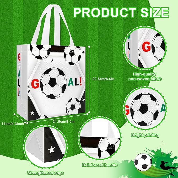 Pinsit 40 PCS Soccer Party Favor Bags, Non Woven Soccer Goodie Bags, Soccer Themed Reusable Gift Bags with Handles for Boys Girls Birthday Baby Shower Party Supplies