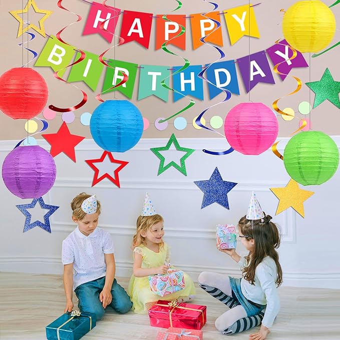 Happy Birthday Decorations, Colorful Birthday Party Decorations Set with Happy Birthday Banner, Paper Lanterns, Star Swirl Hanging Decorations & Circle Dots Garland