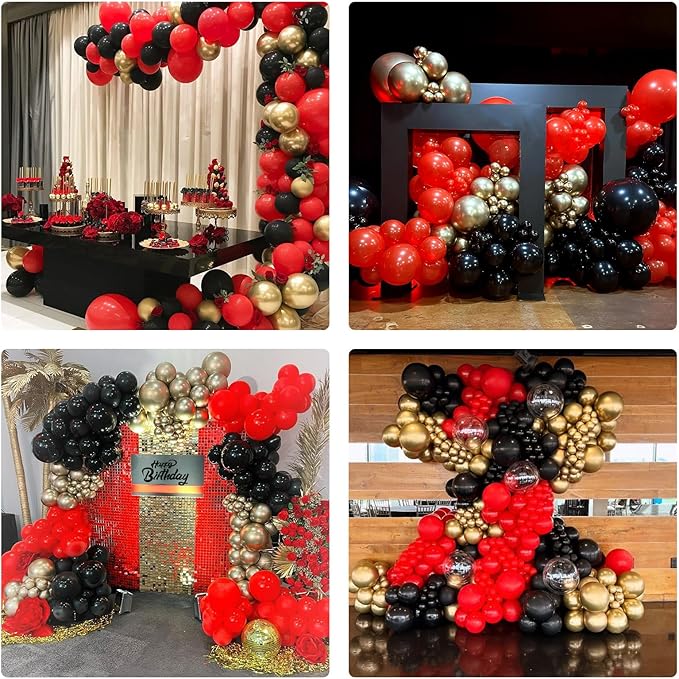 147pcs Red Black Gold Balloons Arch kit, 18 12 10 5 inch Red Black and Gold Balloons Garland for Anniversary Casino Night Hollywood New Years Movie Night Birthday Decorations