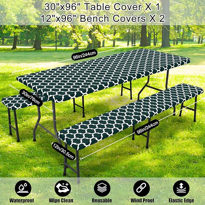 Smiry Picnic Table Cover with Bench Covers, Waterproof Elastic Fitted Tablecloth for 8 Foot Tables, Washable Polyester Tablecloths for Camping, Indoor & Outdoor (Hunter Green, 30x96 Inch 3-pc Set)