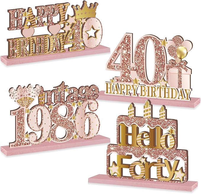 4 Pieces 40th Birthday Decorations Wooden Vintage 1986 Table Centerpieces for Women, Pink Rose Gold Cheers to 40 Years Table Sign Party Supplies, Hello 40 Years Old Bday Table Decor