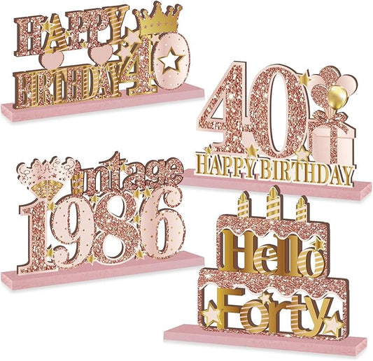 4 Pieces 40th Birthday Decorations Wooden Vintage 1986 Table Centerpieces for Women, Pink Rose Gold Cheers to 40 Years Table Sign Party Supplies, Hello 40 Years Old Bday Table Decor