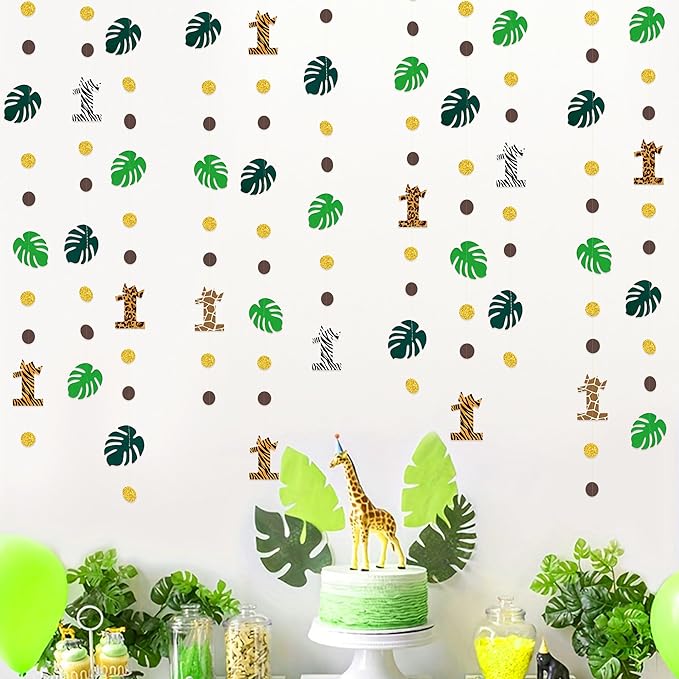 Pinkblume Wild One Jungle Theme Decorations - Palm Leaf Dot Circle Garland, Safari Animal 1st Birthday Supplies