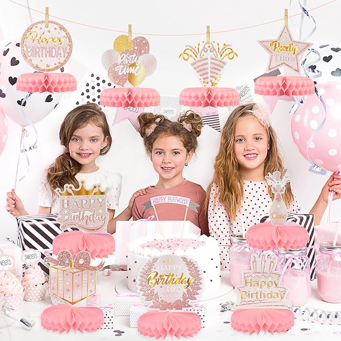 9PCS Birthday Table Decorations,Pink Rose Gold Honeycomb Center Pieces for Table Decorations,Happy Birthday Party Decor for Women Girl,Party Supplies for Birthday Baby Shower