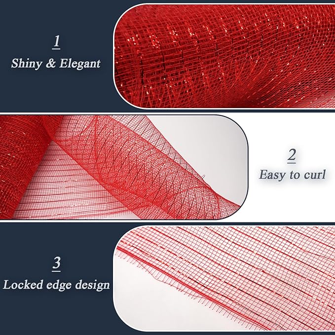2 Pcs Red Deco Mesh Ribbon Rolls 10 Inch 10 Yards(30 ft) Decorative Mesh Fabric with Foil for Wreaths Christmas Tree Ribbon Door DIY Craft Halloween Decor Wedding Party Supplies (Red, 2Pcs)