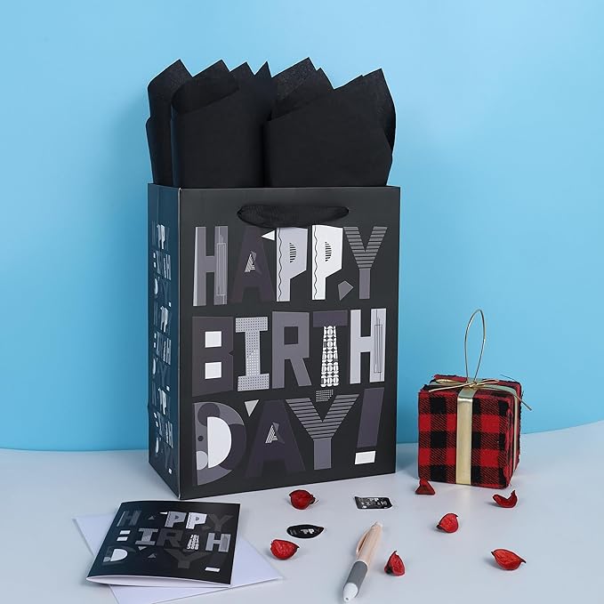 wishinside 2-Pack 10.6” Medium Black Happy Birthday Gift Bag Set with Greeting Cards and Tissue Papers for Men Boys Kids Teens, Cartoon Birthday Design, 2 Pcs