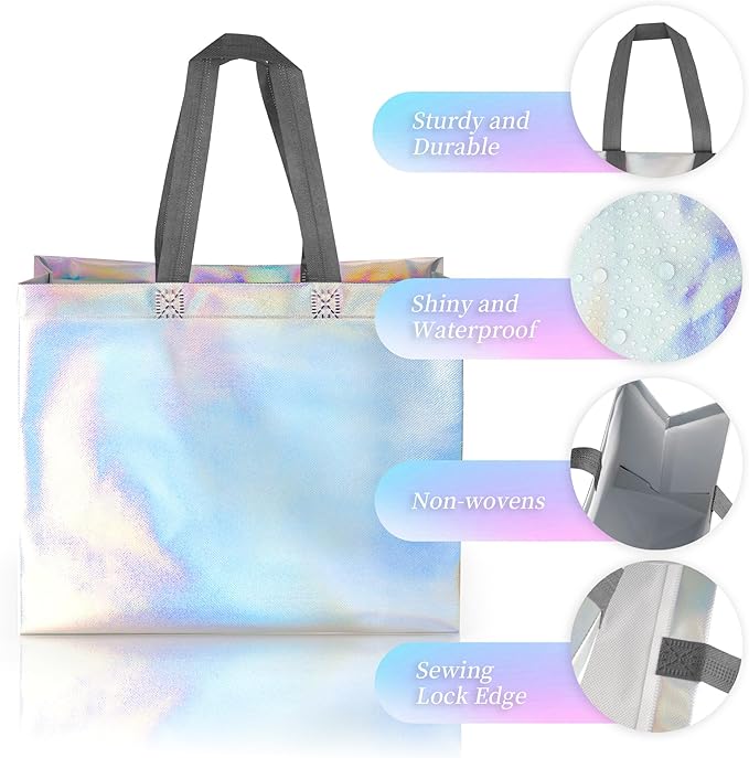 GouZaak 30 Pack Iridescent Gift Bags, Holographic Reusable Gift Bags With Dark Handles And 2 Style Tissue Paper, 13 x 5 x 11 Inch Large Size, Iridescent Party Favor For Wedding Birthday Holiday