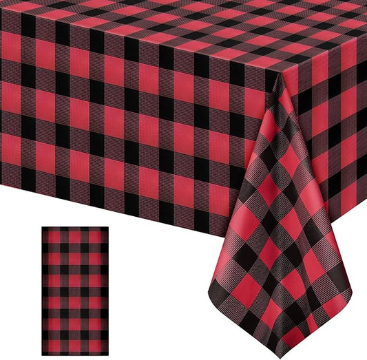 1 Pack Red Striped Gingham Tablecloths, 54 x 108 Inch Disposable Plastic Rectangle Table Covers, Waterproof Red and Black Checkered Table Cloths for Picnic, Birthday, Party, Outdoor Events