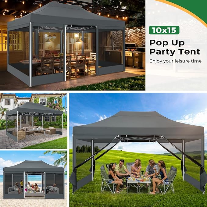 COBIZI 10x15 Heavy Duty Pop Up Canopy with 4 Sidewalls, Easy Set Up Outdoor Commercial Canopy with Mosquito Netting Waterproof Instant Screen Tent for Backyard, Patio, Garden, Gray