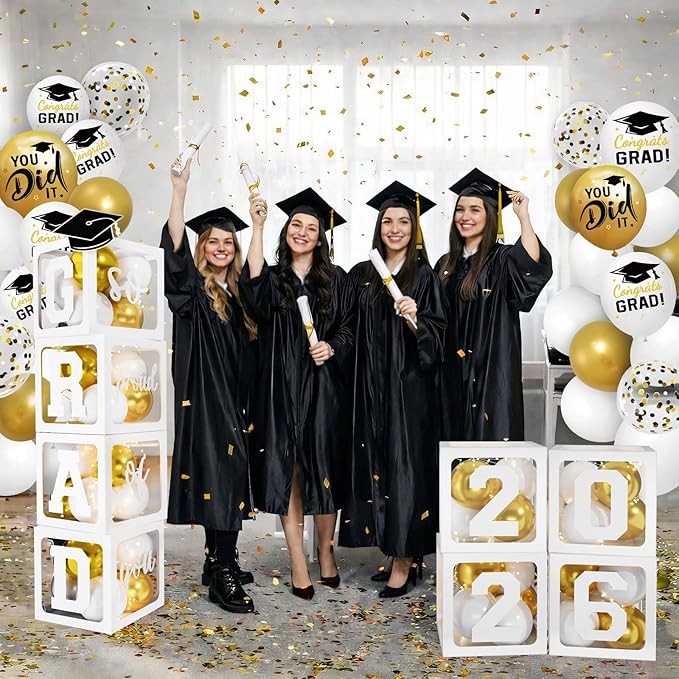 2026 Graduation Decorations - White Balloon Boxes with Letters 2026 Grad & So Proud of You and White Gold Print Balloons, Graduation Party Decorations Class of 2026 for Any Grades(White)