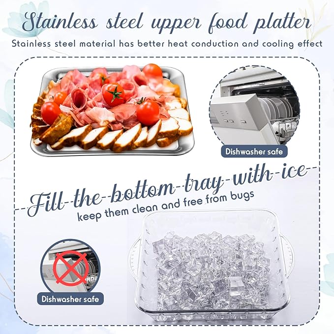 Baderke 6 Set 9" Chilled Serving Tray for Parties with Compartments Ice Chilled Party Platter Charcuterie Serving Board Cold Dish Dip with Forks Tongs for Fruit Seafood Vegetable Appetizer(Silver)