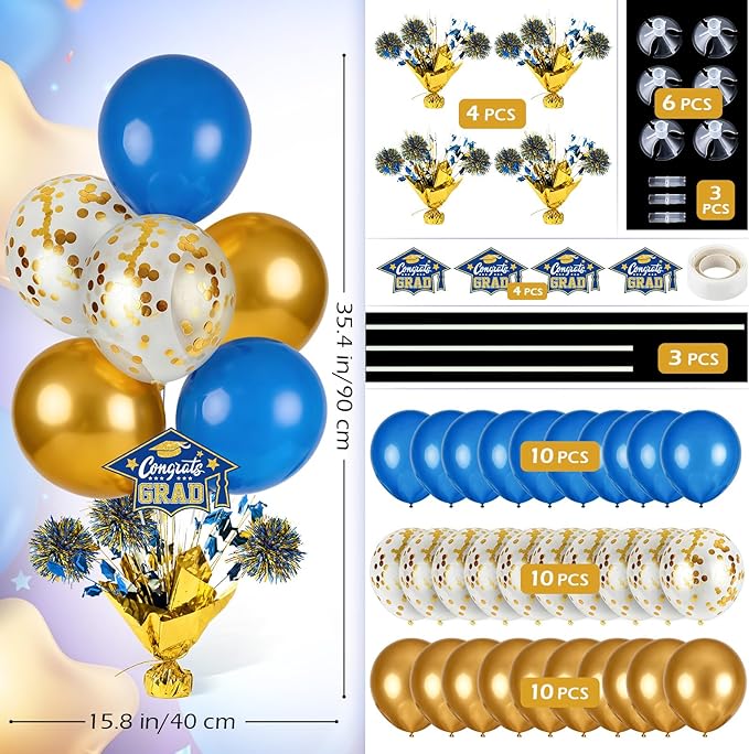 4 PCS Graduation Centerpieces for Tables Balloons Stand Holder Kit College Graduation Decorations 2026 Metallic Glitter Foil Balloon for Graduation Party Decorations Prom Send off Party Decor