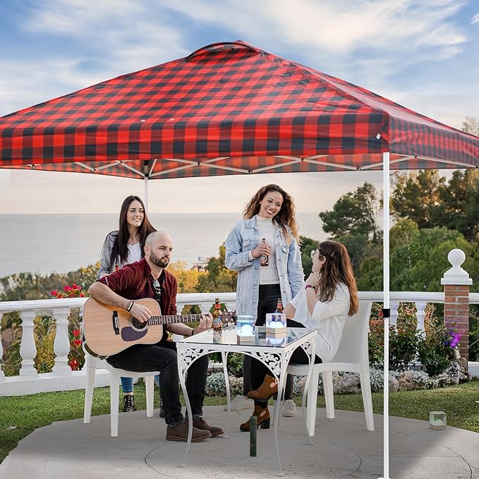 EAGLE PEAK Pop Up Canopy Tent with Wheeled Carry Bag, 8 Stakes, 4 Ropes, 4 Weight Bags, Easy Set Up Tent Canopy, 10x10 ft, 100sqft of Shade, Red Plaid