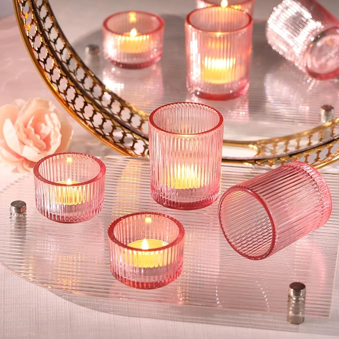 NITIME 20pcs Assorted Ribbed Pink Votive Candle Holders, Tealight Candle Holder for Valentine's Day, Pink Candle Holders for Wedding Table Decor, Mother' s Day, Bridal Shower and Party Decorations