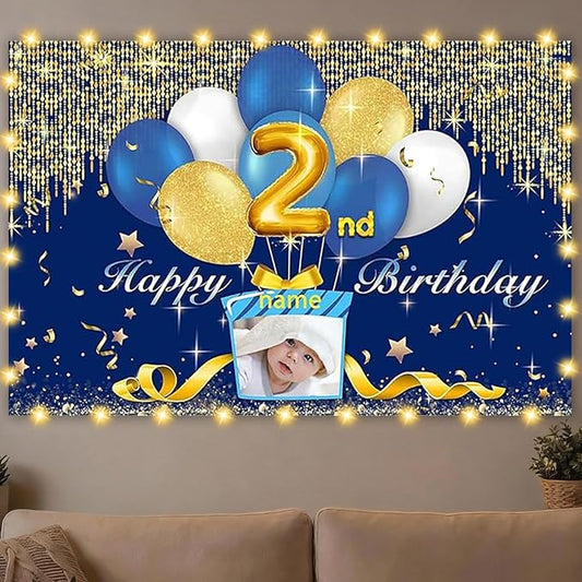 Dicodes Custom Navy Blue and Silver Theme Birthday Banner for Party Happy Birthday Backdrop Decoration Personalized with Name and Photo