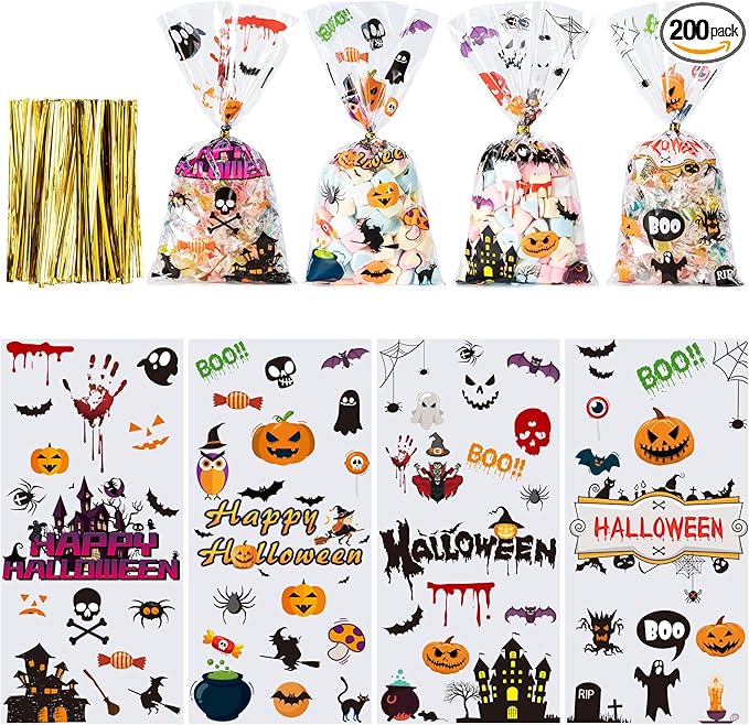 Aegero Halloween Cellophane Treat Bags, 200pcs Trick or Treat Goody Bags with 220pcs Twists for Snacks Cookies Packing, Party Supplies,Halloween 03