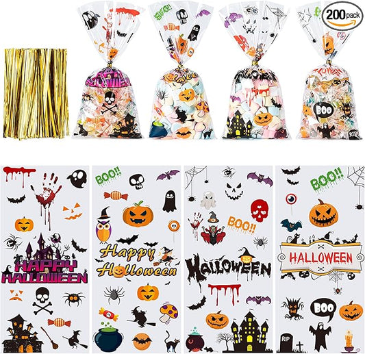 Aegero Halloween Cellophane Treat Bags, 200pcs Trick or Treat Goody Bags with 220pcs Twists for Snacks Cookies Packing, Party Supplies,Halloween 03