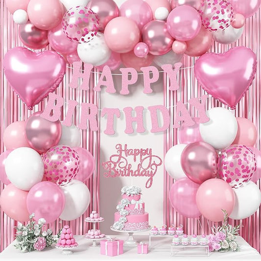 Pink Birthday Decorations for Girls Women, Baby Light Pastel Pink White Party Balloons with Fringe Curtain Birthdays Banner Cake Decor for Birthday Wedding Baby Shower Party Decoration Supplies