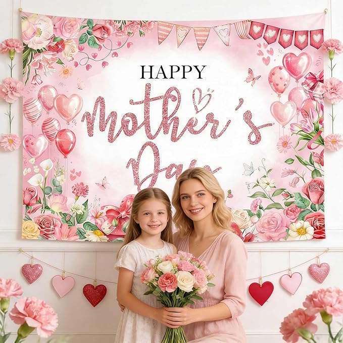 Mocsicka Happy Mother's Day Bakcdrop Pink Floral Mothers Day Party Decorations Banner for Women Festival Birthday Party Background Supplies Photo Booth Props (Pink, 8x6ft(96"x72"))