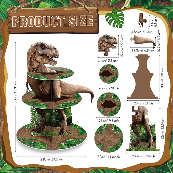 Censen 3 Tier Dinosaur Cupcake Stand Party Decorations Dinosaur Theme Cupcake Holder Decorations Dino Dessert Tower for Kids Dino Jungle Theme Party Birthday Supplies(Classic)