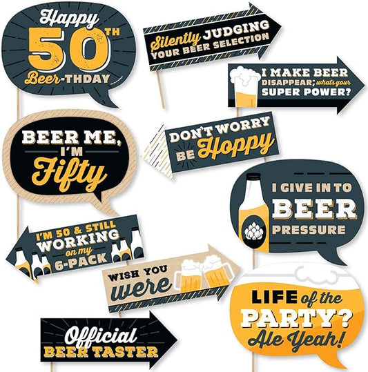 Big Dot of Happiness Funny Cheers and Beers to 50 Years - 50th Birthday Party Photo Booth Props Kit - 10 Piece