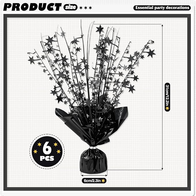 6 Pack Metallic Foil Spray Centerpiece Star Table Decoration Burst Table Centerpieces for Birthday Weddings Anniversaries Christmas New Year Holiday Party Supplies Decor (Black)