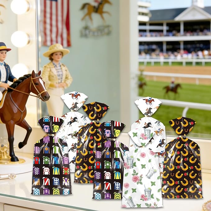RAXFLY 100 Pcs Horse Goodie Bags, Western Horse Racing Cellophane Candy Bags with Gold Ties, Cowboy Party Treat Bags for Birthday Party Supplies