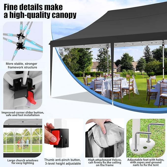 COBIZI 10x20 Pop Up Canopy with 6 Sidewall, Commercial Canopy UPF 50+ Waterproof Outdoor Gazebo with Carry Bag, Tents for Parties with Upgrade Frame, 3 Height Adjustable, Black