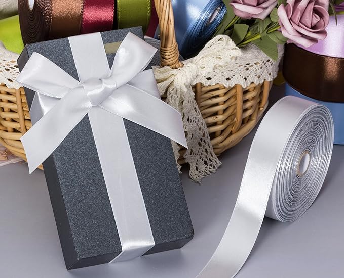 YASEO 1 Inch Silver Solid Satin Ribbon, 50 Yards Craft Fabric Ribbon for Gift Wrapping Floral Bouquets Wedding Party Decoration