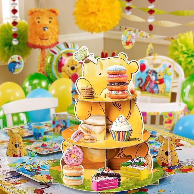 Winnie Themed Cupcake Stand - 3 Tier Winnie Party Dessert Holder Bear Theme Cardboard Cake Stand for Birthday Party Decorations Bear Cupcake Display for Boys Girls Baby Shower Party Supplies