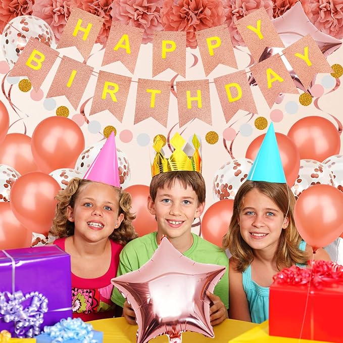 Birthday Decoration, Happy Birthday Banner, Tissue Paper Pom Poms, Hanging Paper Fan Set and Balloons for All Birthday Party Decorations, Rose Gold