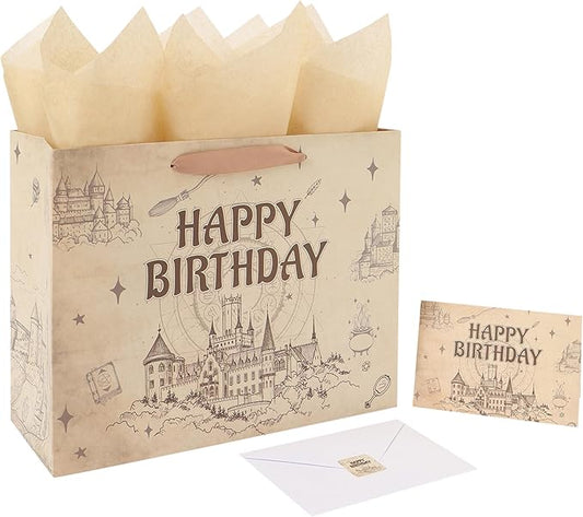 Qirrmiy 13” Large Magical Birthday Gift Bag Set with Handles, Greeting Card, Tissue Papers and Stickers for Boys Girls Teens for Baby, Kids‘ Birthday Party, 1 Pcs