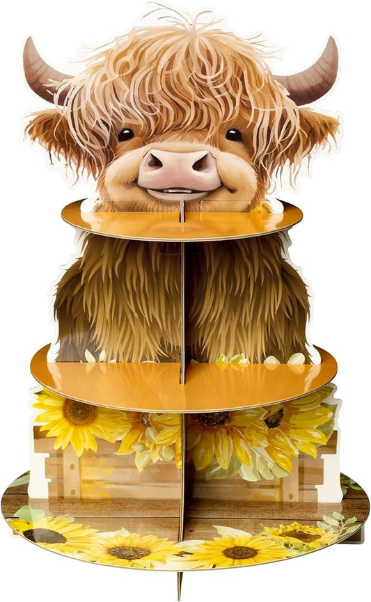 3 Tiers Highland Cow Cupcake Stand Baby Highland Cow Birthday Party Cardboard Cupcake Holder Decorations Sunflower Party Dessert Tower Animals Party Supplies for Kids Highland Cow Themed Baby Shower