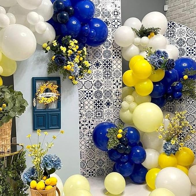 Blue and Yellow Balloons Set, 50Pcs 12 Inch Royal White Confetti Latex Balloons for Wedding Anniversary Baby Shower Birthday Party Decorations
