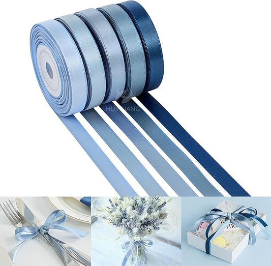 HUIHUANG Dusty Blue Ribbon 3/8 inch Satin Ribbon Assorted Dusty Blue Wedding Ribbons for Flower Bouquets Wedding Bridal Shower Decor Gift Wrapping DIY Crafts Hair Decor- 10 Yards x 5 Color