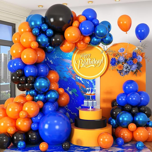 HILAVO Orange Blue Black Balloons Garland Arch Kit 112 Pcs Royal Navy Blue Black Orange Latex Helium Balloon for Graduation Cartoon Baby Shower Birthday Engagement Party Decorations Supplies